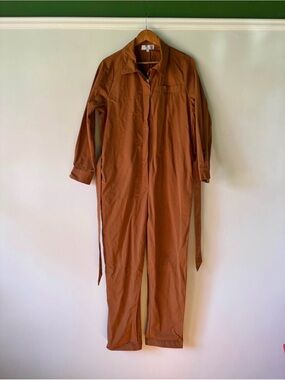 Relaxed Rust Long-Sleeve Utility Jumpsuit